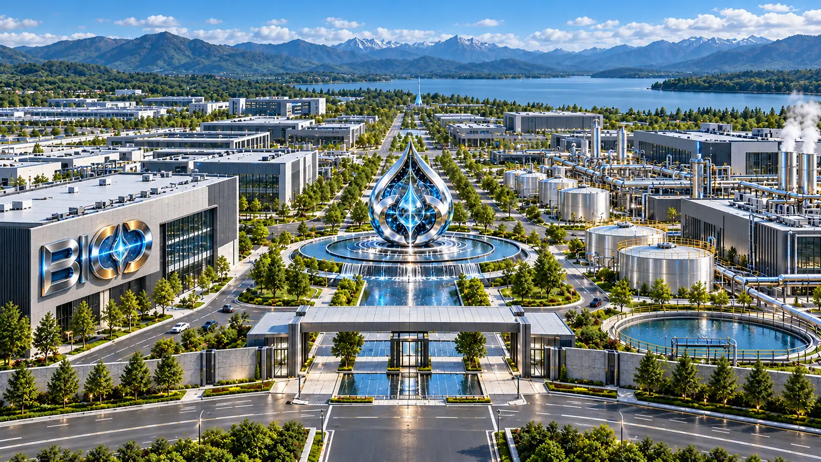 Conceptual rendering of an integrated industrial campus in daylight: buildings, water treatment basins and a central water-drop sculpture beside a lake and mountains