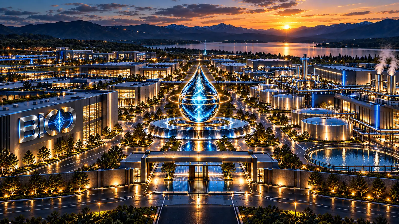 The same conceptual campus at night, with buildings, pathways and the water-drop sculpture lit
