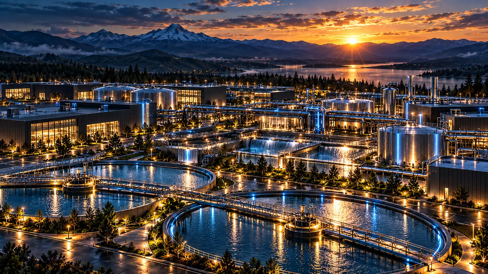 Conceptual rendering of water and wastewater treatment basins, tanks and pipework at dusk